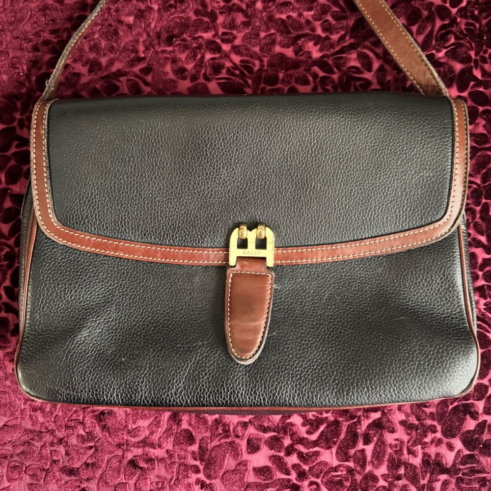 Vintage Bally Leather Shoulder Bag Black Brown Crossbody Gold Hardware Italy